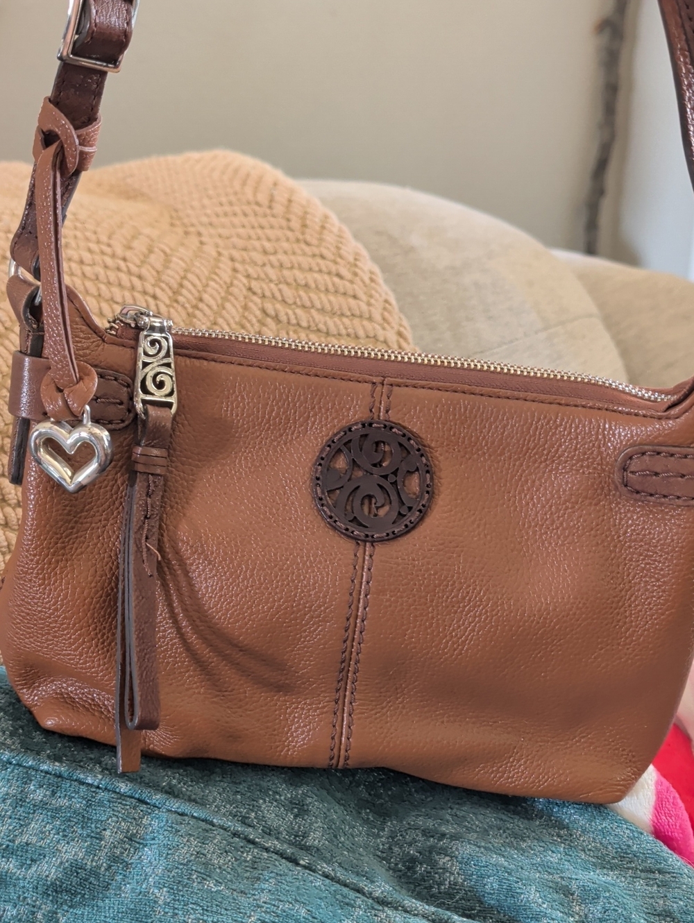 Classic Brown Leather Shoulder Bag with Heart Charm
